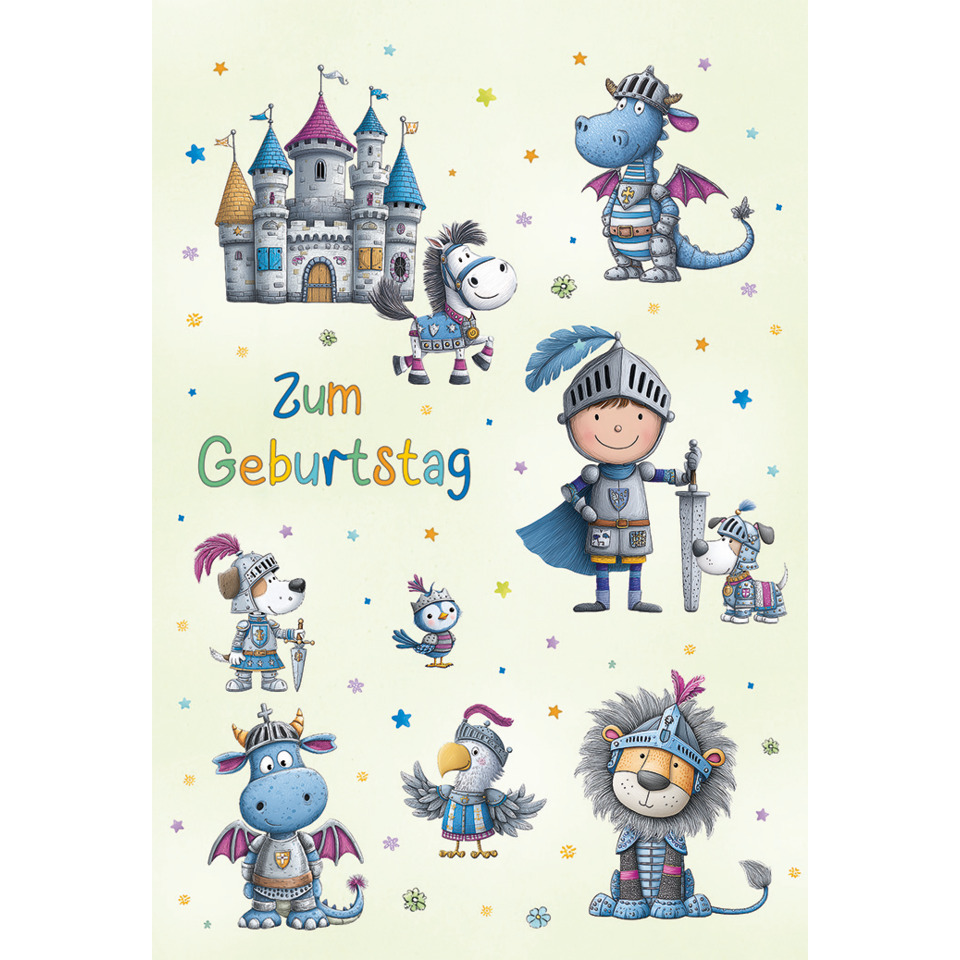 Geburtstagsmotiv, Rittertiere, Kinderillustration, Burg, Bunt