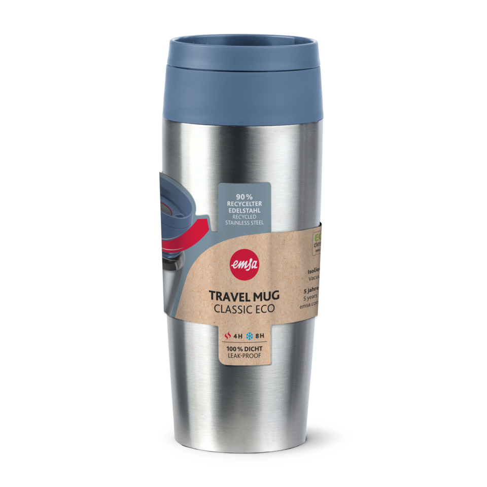 Travelbecher, Edelstahl, Blauer Deckel, Auslaufsicher, Isoliert