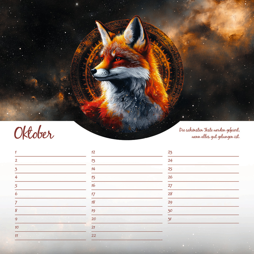Fuchs, Wolf, Kunstposter, Kalender, Oktober