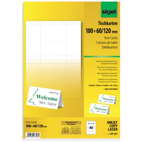 Tischkarte, 100x60mm, 185g/m², 20 Blatt, weiß SIGEL DP047