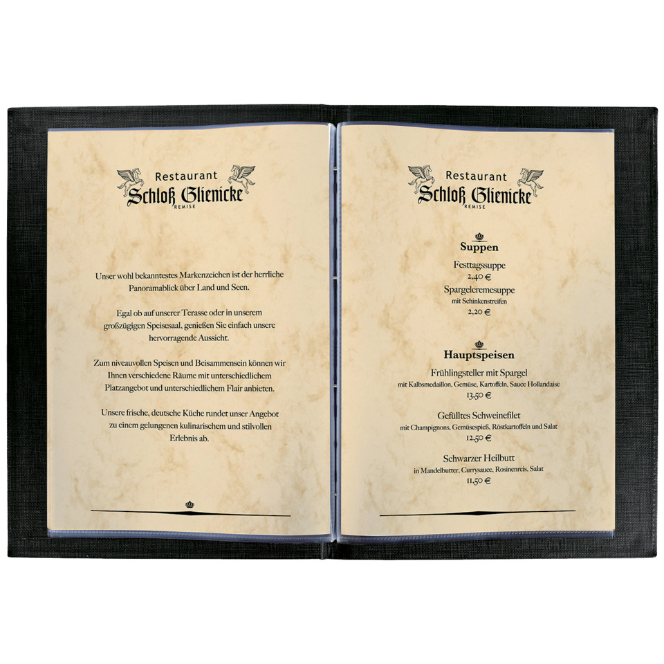 Speisekarte, Restaurant Menu, Offene Karte, Menüblatt, Schloss Glienicke, Menukarte, Restaurant, Schloss Giencke, Aufgeschlagen, Doppelseite