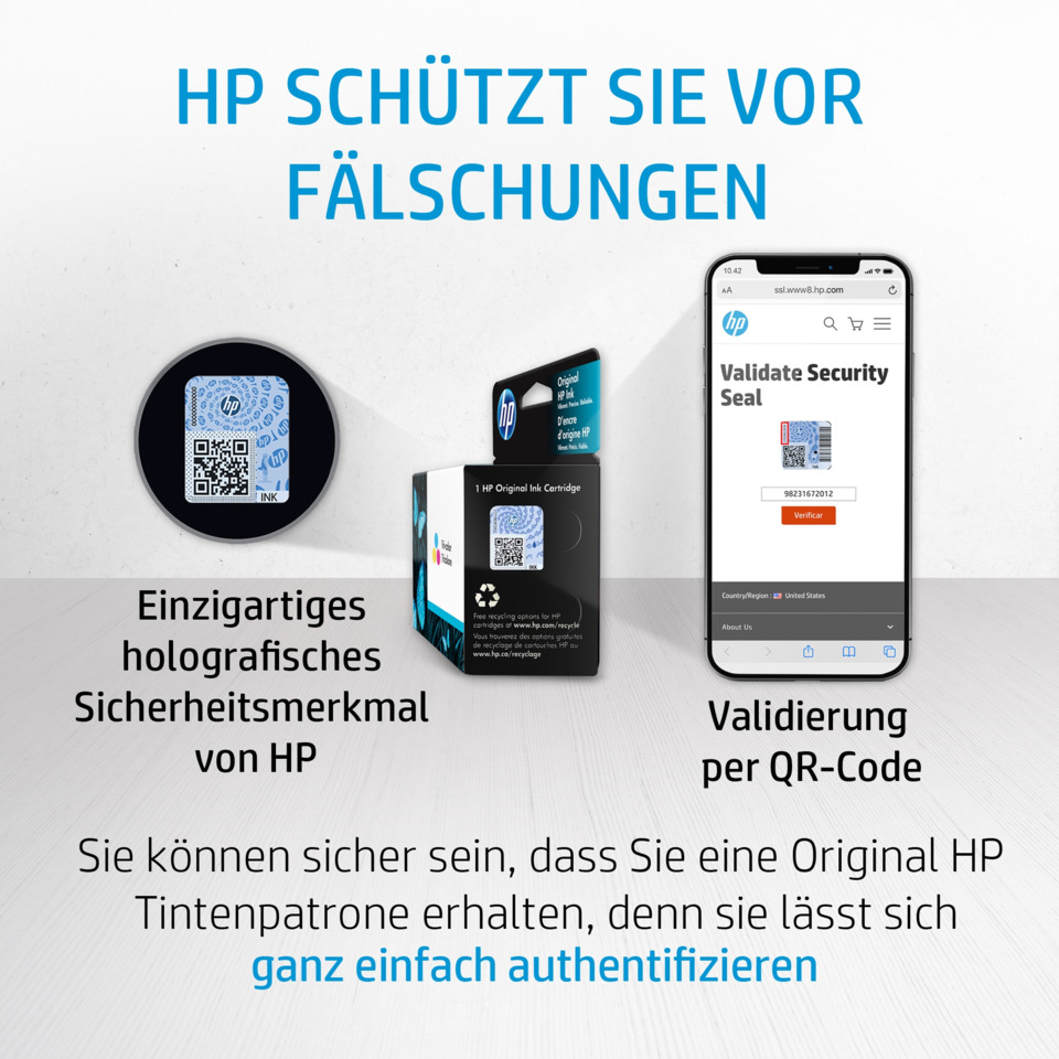 QR-Code, Holografisches Siegel, Sicherheitsmerkmal, HP-Nachfüllpatrone, Original-Tintenpatrone
