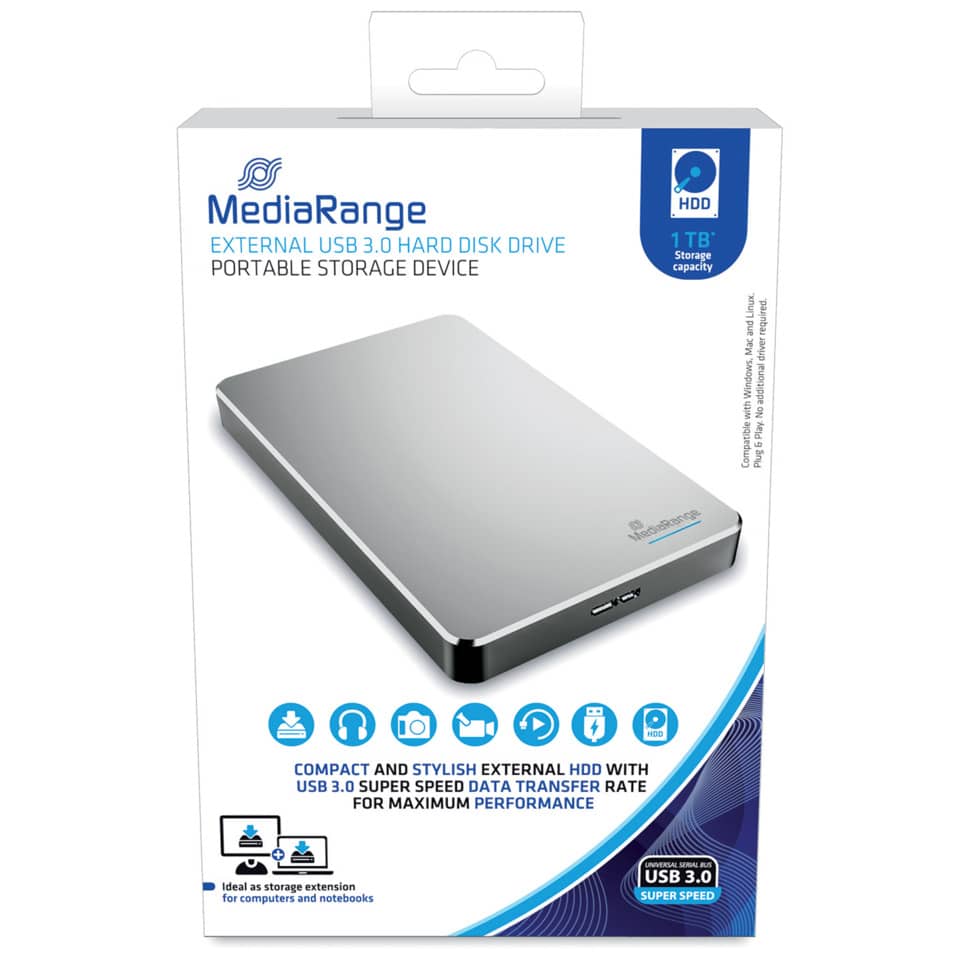 Externe Festplatte, 1 TB, USB 3.0, Portabel, Silber
