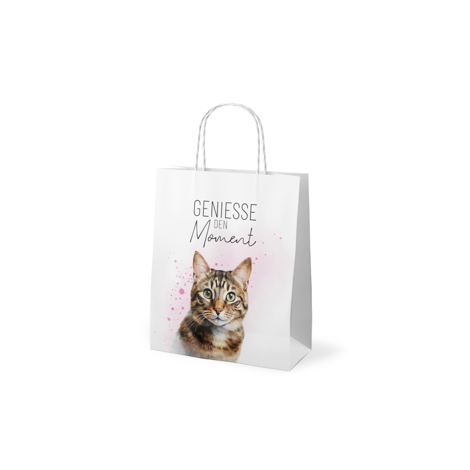 Einkaufstasche, Katze Bild, weiße Tasche, pinke Spritzer, Geschenkbeutel