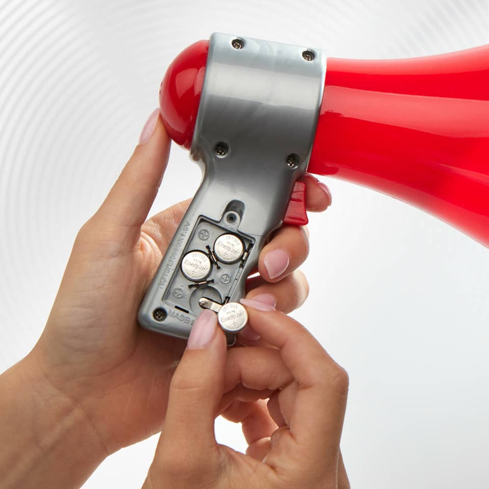 Megaphone, Batteriefach, Handgerät, roter Horn, Metallkörper