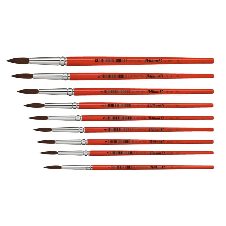 artist brushes, round brush, red handles, set of brushes, brown bristles