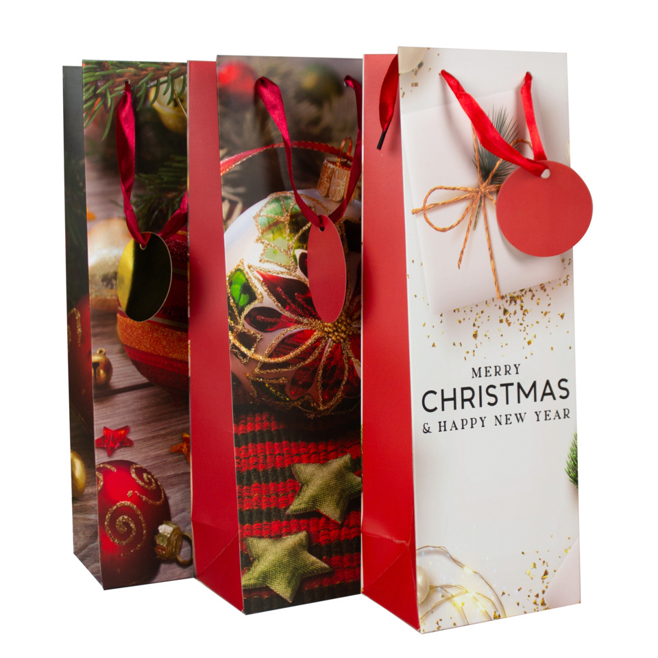 Weihnachtstüte, Geschenkverpackung, Weihnachtsdeko, Rotes Geschenkband, Glitzerkugeln