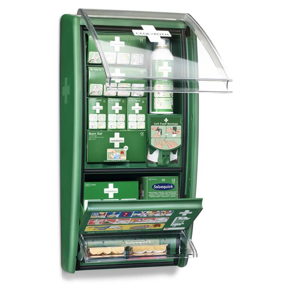 Erste-Hilfe-Set, medizinische-Versorgung, grüner-Sanitätskasten, Bandagen, Kleine-Teile