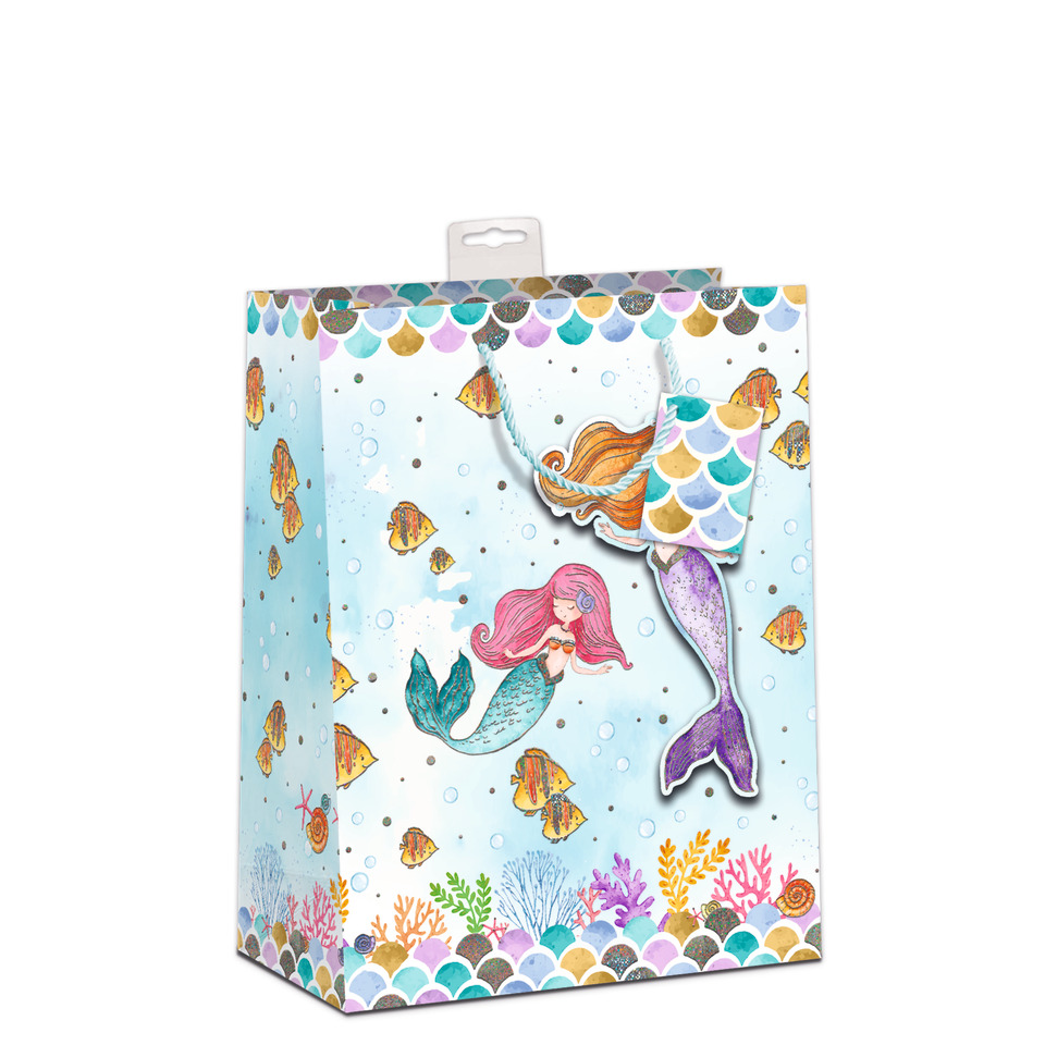 mermaid, mermaid gift bag, underwater scene, sea creatures, colorful coral