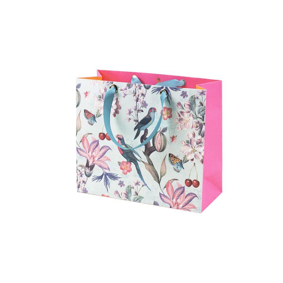 Geschenktasche, Blumenmuster, Vogel, Pastell, Gurtband-Größe
