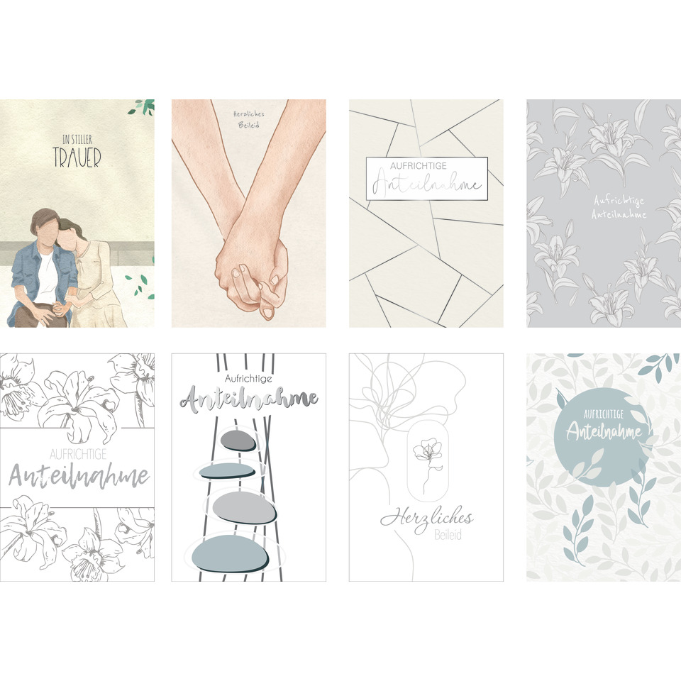 Trauerkarte, Beileidsbekundung, Anteilnahme, Blumenmuster, Hand in Hand