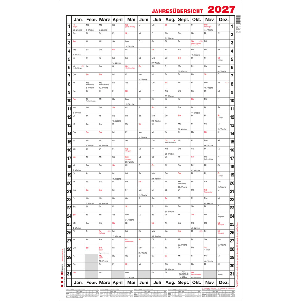 Kalender, Jahresübersicht, 2027, Monatskalender, Kalendarium