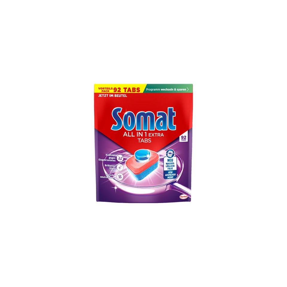 All-in-1 Tabs, Waschmaschinen- tabs, Reinigungstabletten, rote Verpackung, blauer Schwamm