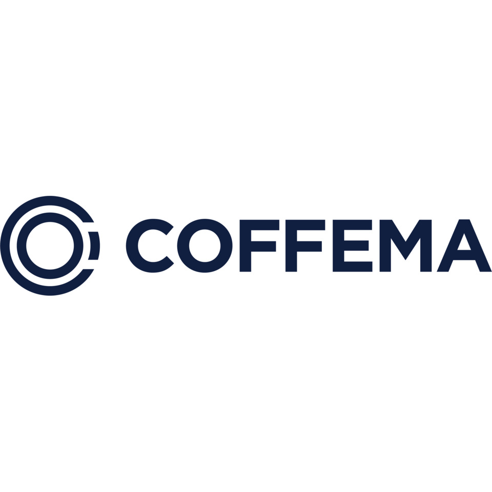 logo, COFFEMA, zirkuläres emblemm, dunkelblau, markenzeichen