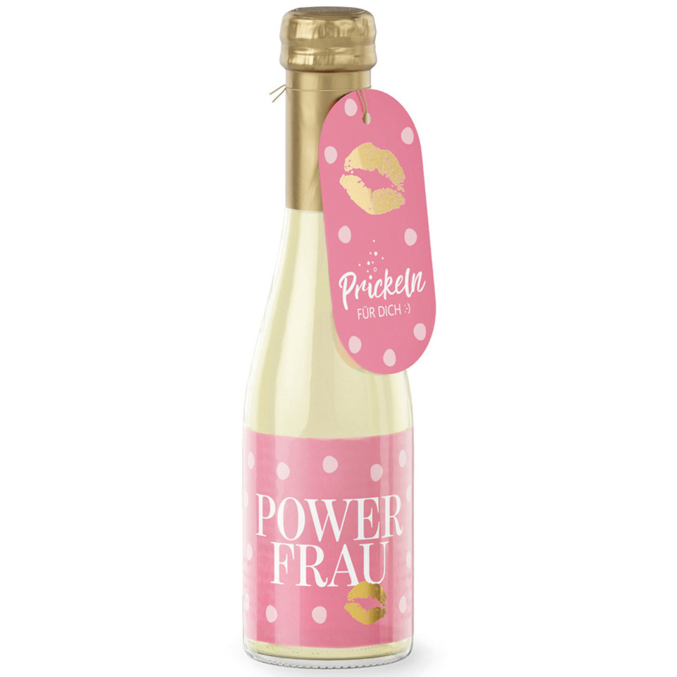 Champagner, Flasche, rosa Etikett, Pünktchenmuster, Kussabdruck