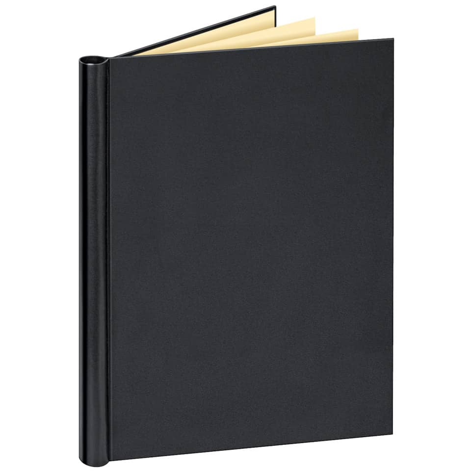 Notizbuch, Hardcover, Schwarz, Leinwandheftung, geöffnet