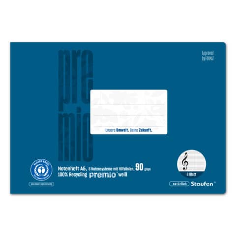 Notenheft Premio, A5 quer, 6 Notensysteme + Hilfslinien, 8 Blatt STAUFEN PREMIO 040791015