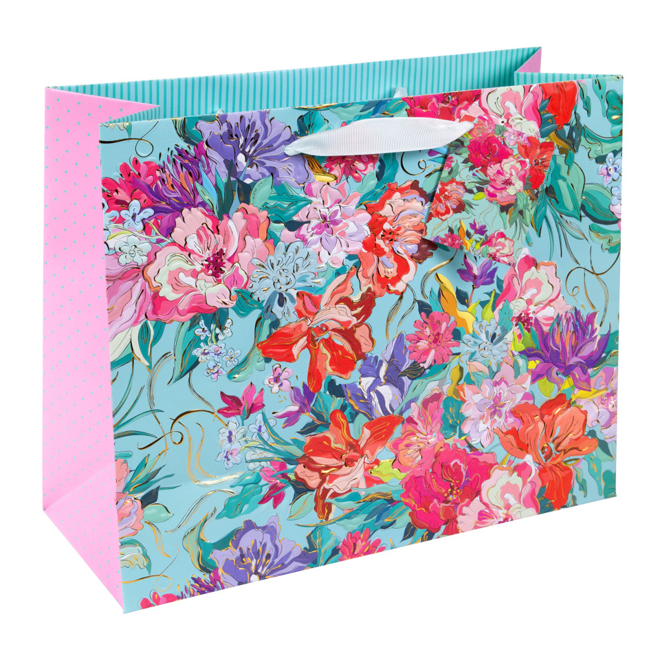Geschenkverpackung, Blumenmuster, Türkis, Rosa Seiten, Tragegriff