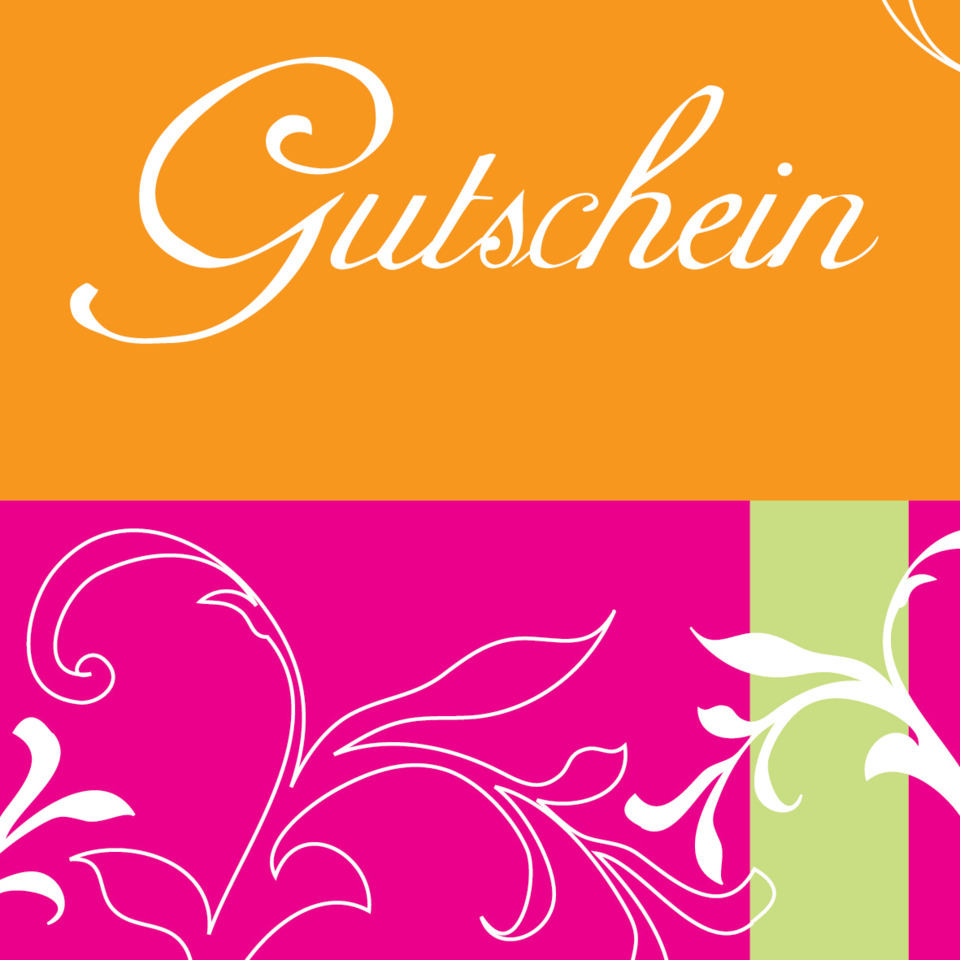 gutschein, voucher, Geschenkgutschein, Blumenmuster, orange-pink-grün, gutschein, Geschenk-Card, Voucher, Unterhaltung, Giftcard