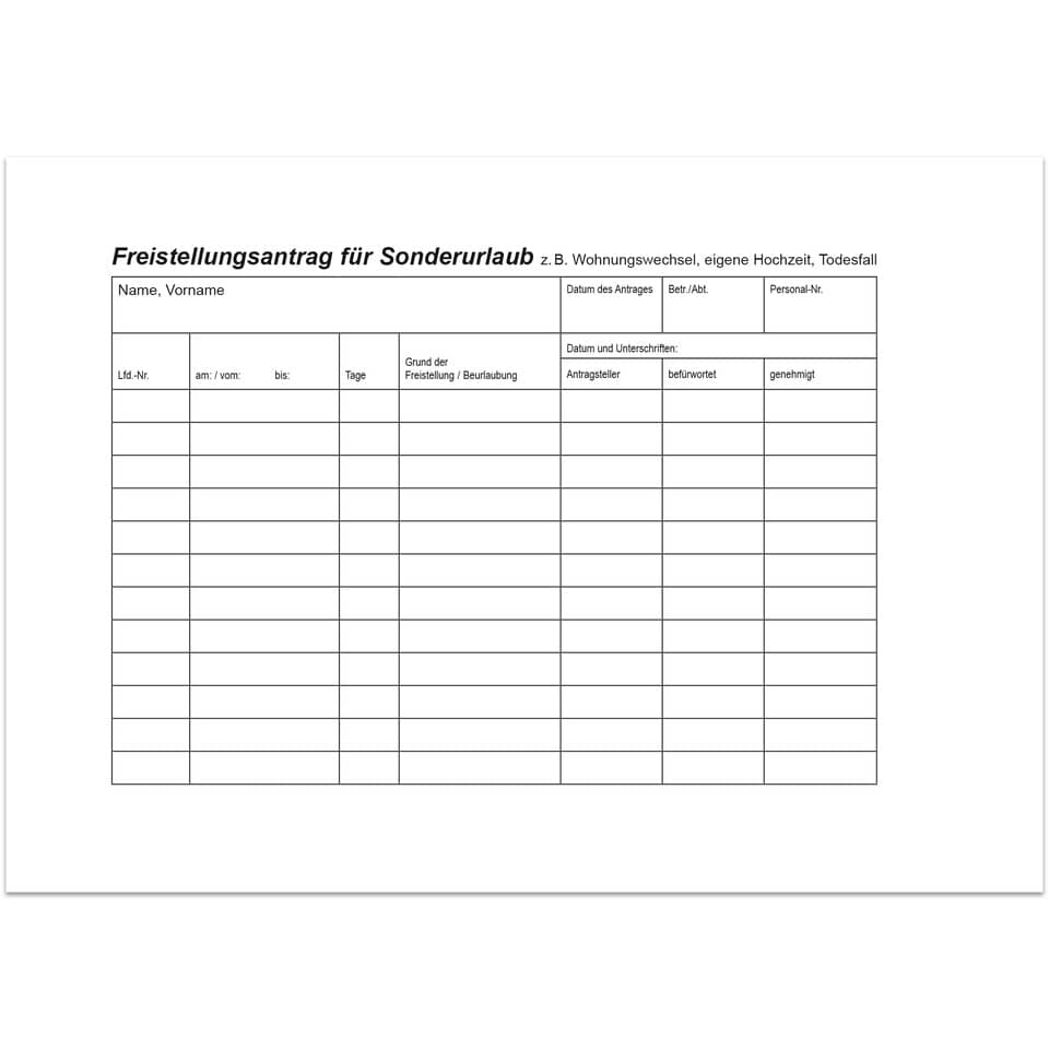 formular, Freistellungsantrag, Sonderurlaub, Dokument, Tabellenlayout
