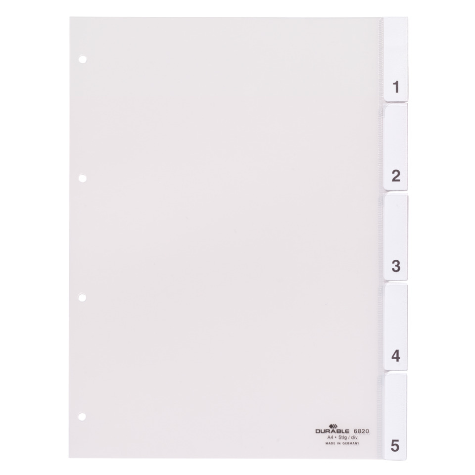 Acidfreies Ordnerblatt, Fünf-Register-Streifen, A4 Ordner, Kunststoff Ordner, Durable 6820, Ordner, Trennblätter, Ringordner, A4, weiß