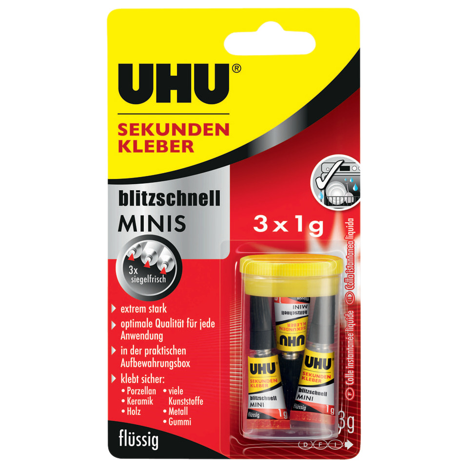 Klebepaste, Sekundenkleber, MINIS, Flüssig, 3x1g