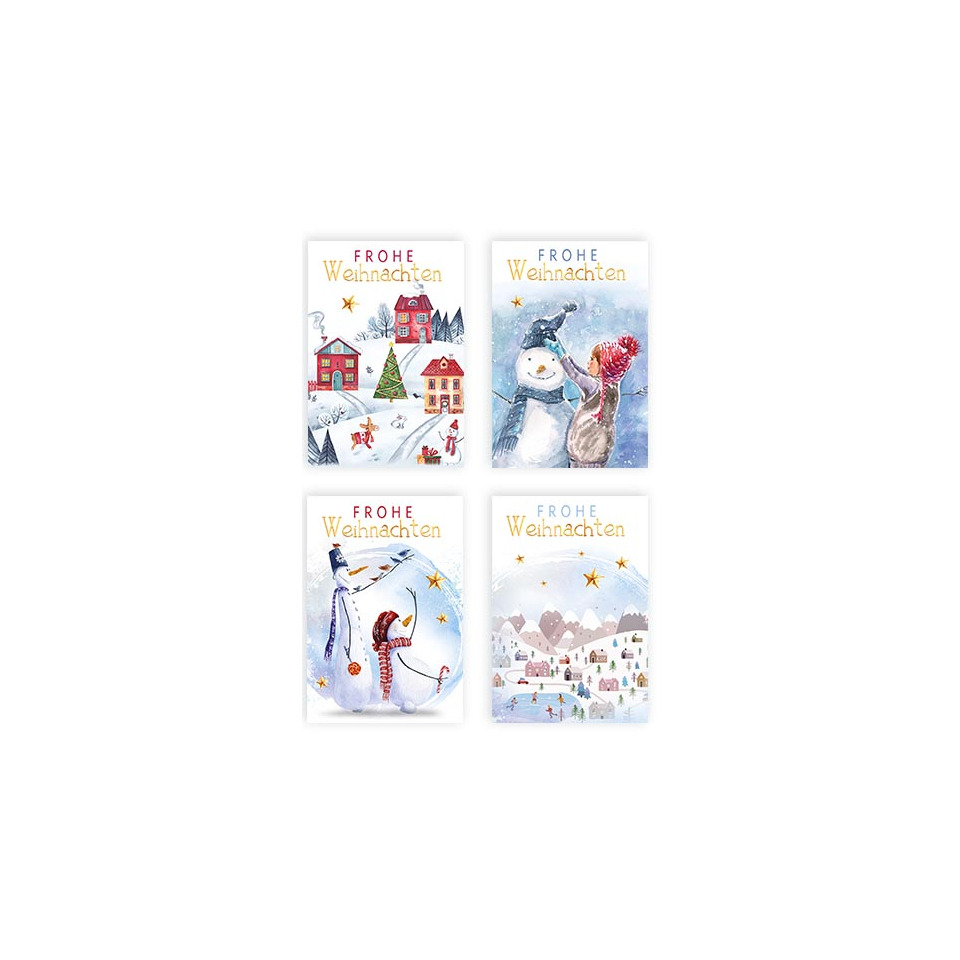 Weihnachtskarten, Winterlandschaft, Schneemann, Schneeflocken, Winterszene
