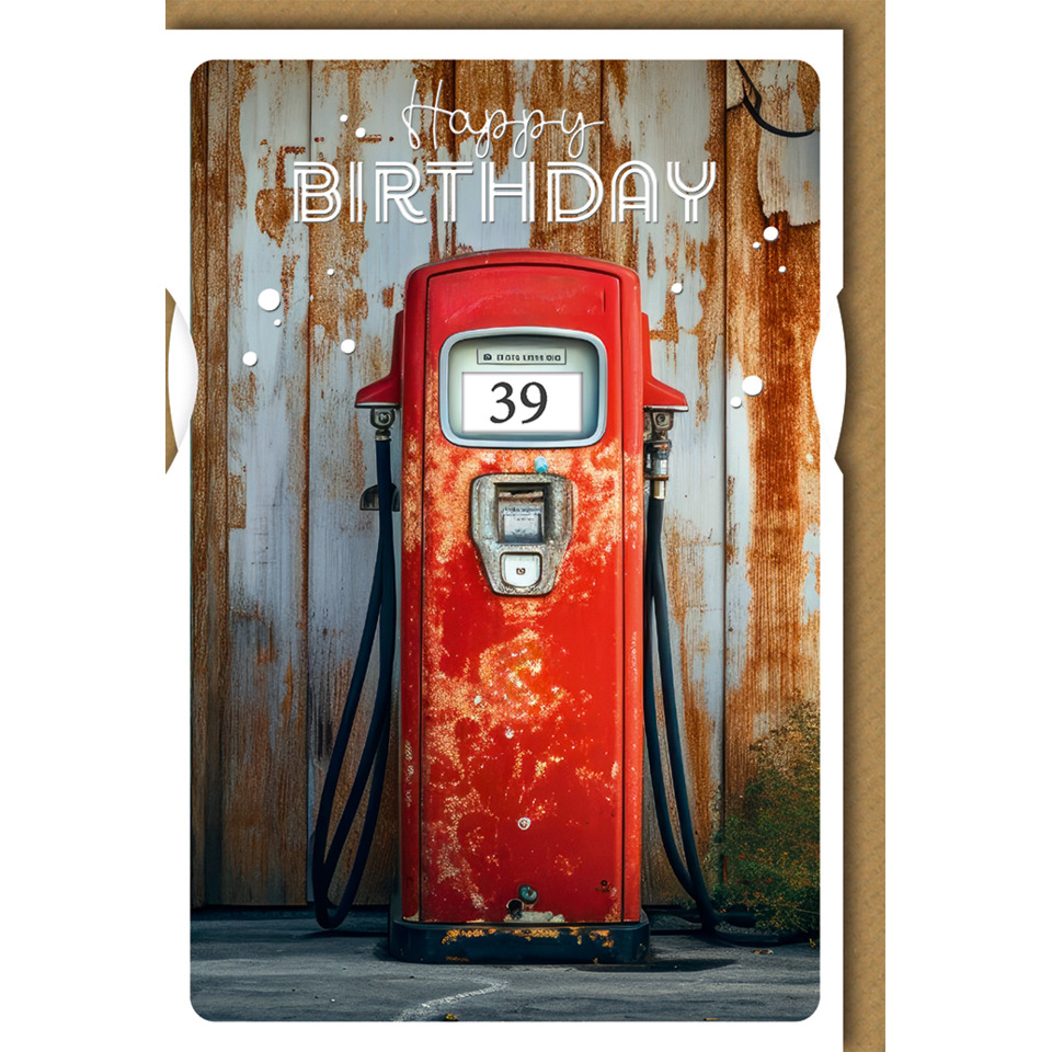künstlerische karte, geburtstag, gasampe, rotes gaspump, oldtimer pumpenständer