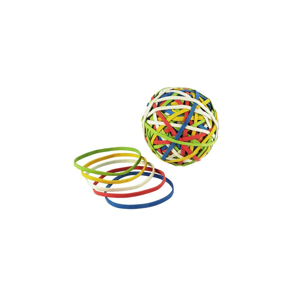 Gummi-Kugel, bunte Gummibänder, Kugel aus Bändern, farbige Bandkugel, Spielzeugband Ball