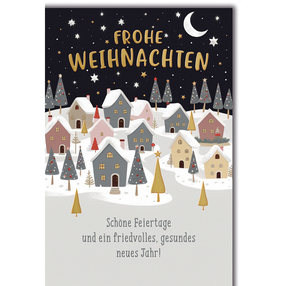 weihnachtskarte, winterlandschaft, häuser, schnee, nachtstern