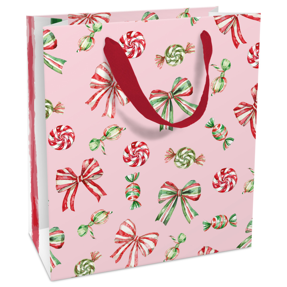 Geschenkbeutel, Geschenktüte, Rosatöne, Zuckerstangen-Muster, Gurtband-Griff
