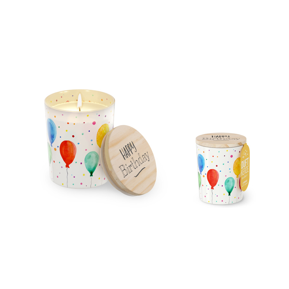 Teelicht, Votivkerze, Holzdeckel, Ballonmuster, Birthday