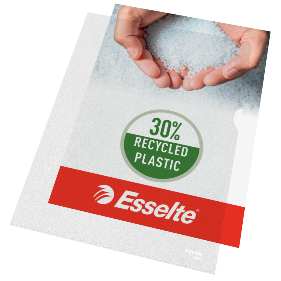  recyceltes plastik, 30% recyceltes, Granulate, weiße Körner, Markenaufdruck Esselte