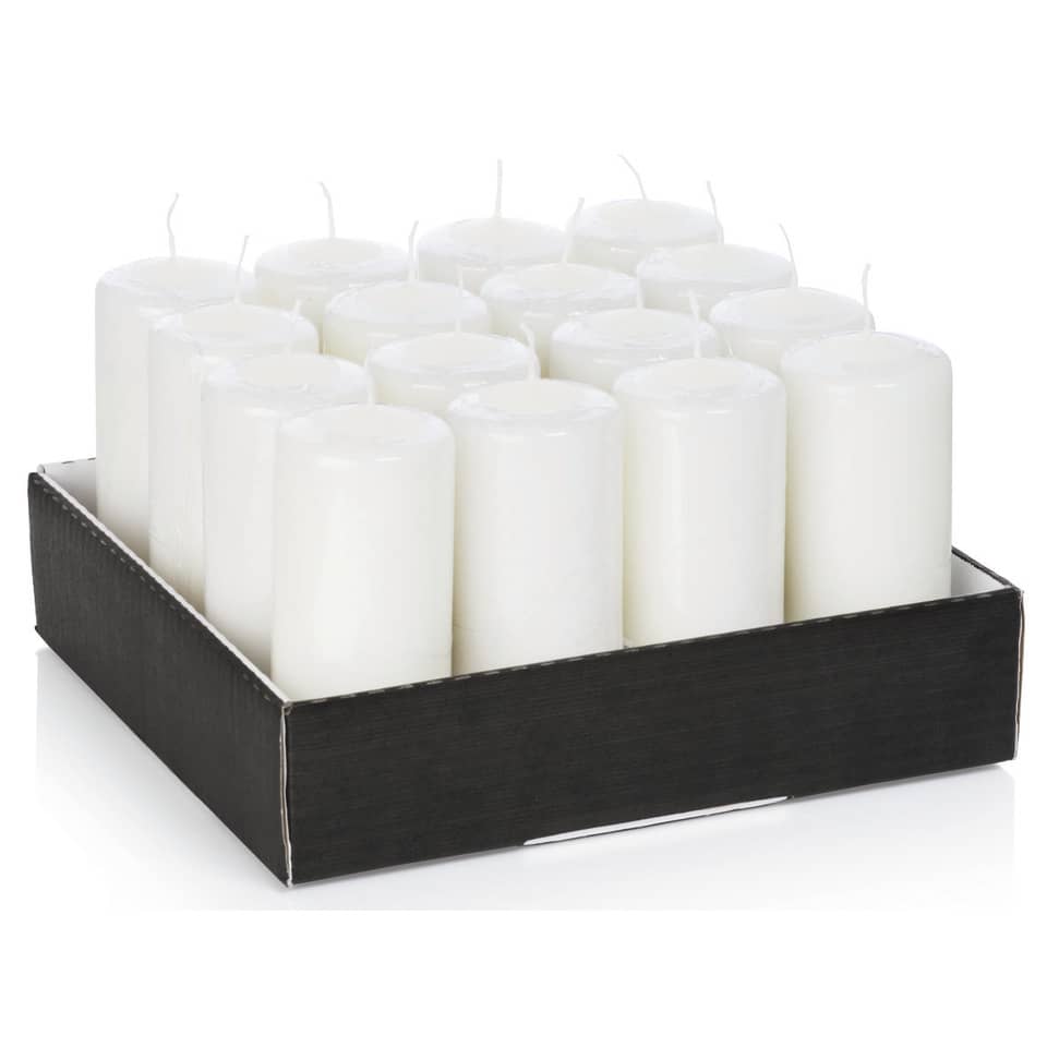 Stumpenkerzen, Kerzenbox, Weiße Kerzen, Rundkerzen, Kerzenständer (Kartonbox)