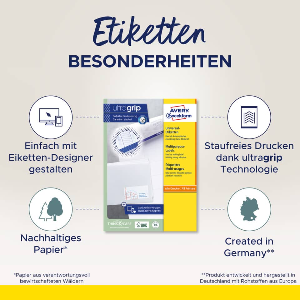 Etiketten, Druckeretikette, Multifunktion, Universaleetiketten, Made in Germany