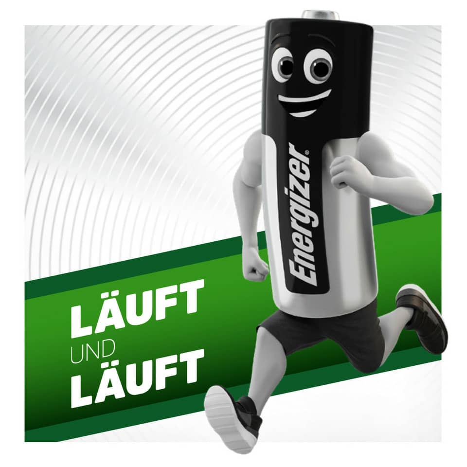 coruw battery, aa battery, aluminum body, green banner, running figure