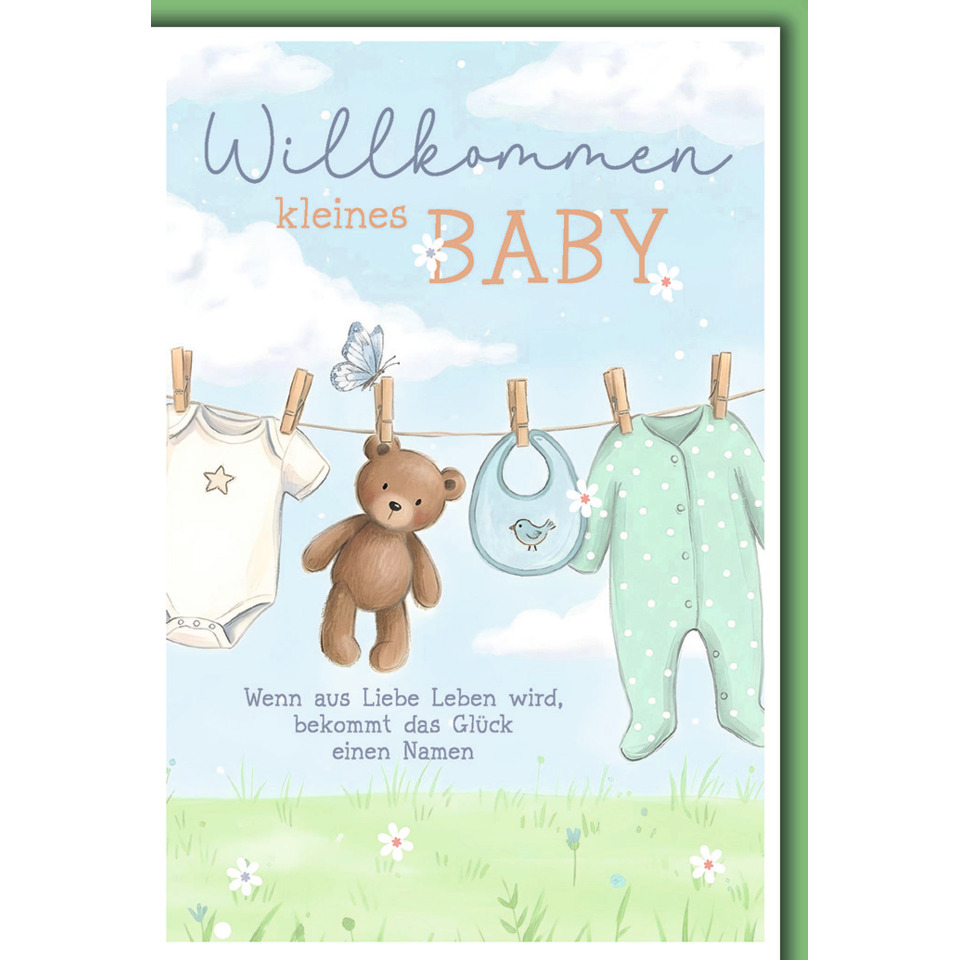 Baby Karte, Willkommen Baby, Teddy, Wäscheleine, Kleidung