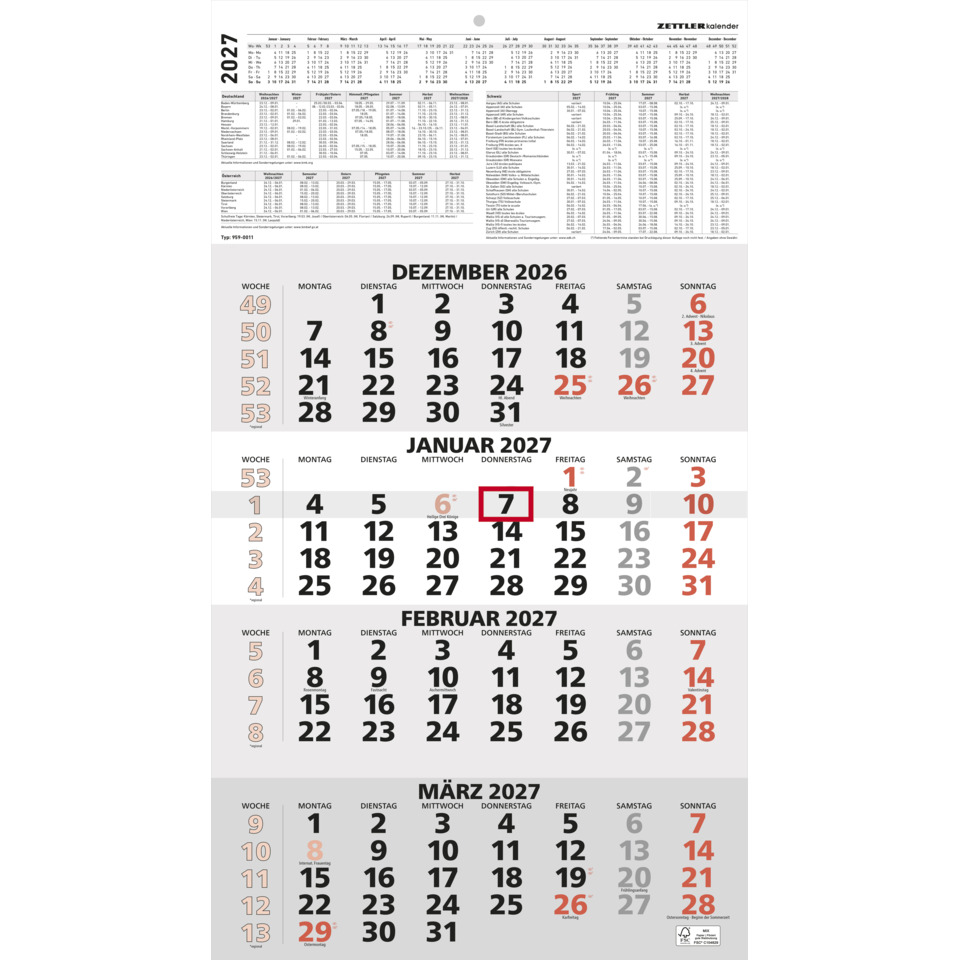 Kalender, Monatlicher Kalender, Dezember 2026, Januar 2027, Februar 2027