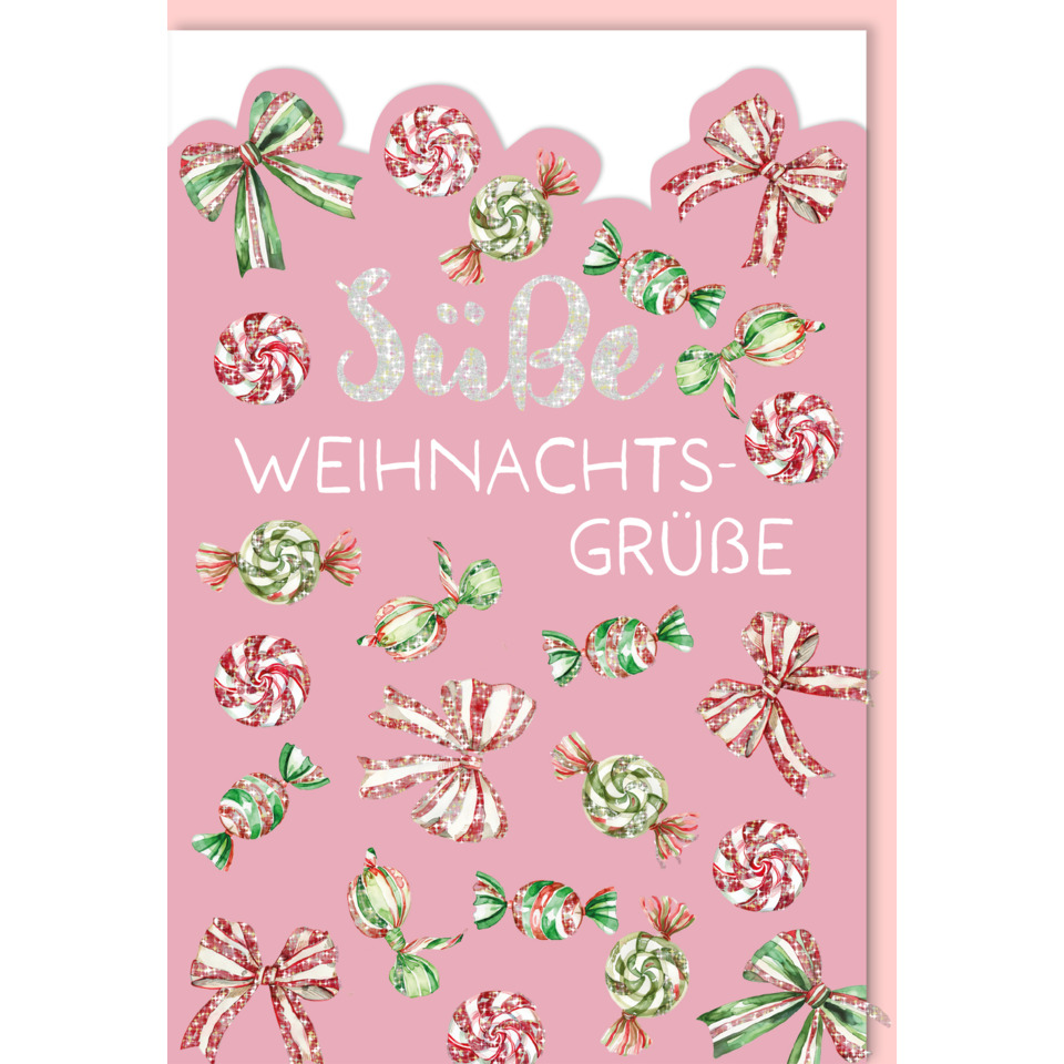 weihnachtskarte, pink, lutschbonbons, weihnachtsgruße, bunte bemalung