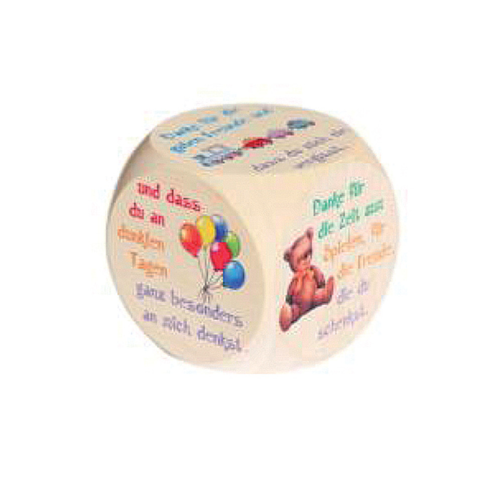 Würfel, Puzzlewürfel, Ballonillustration, Kinderspruch, Druckfarbe