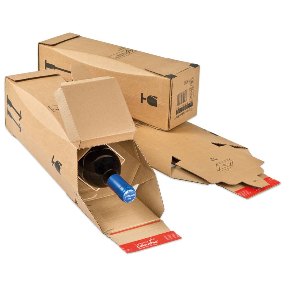Weinflasche, Kartonverpackung, Versandkarton, Auspacken, Flasche im Karton