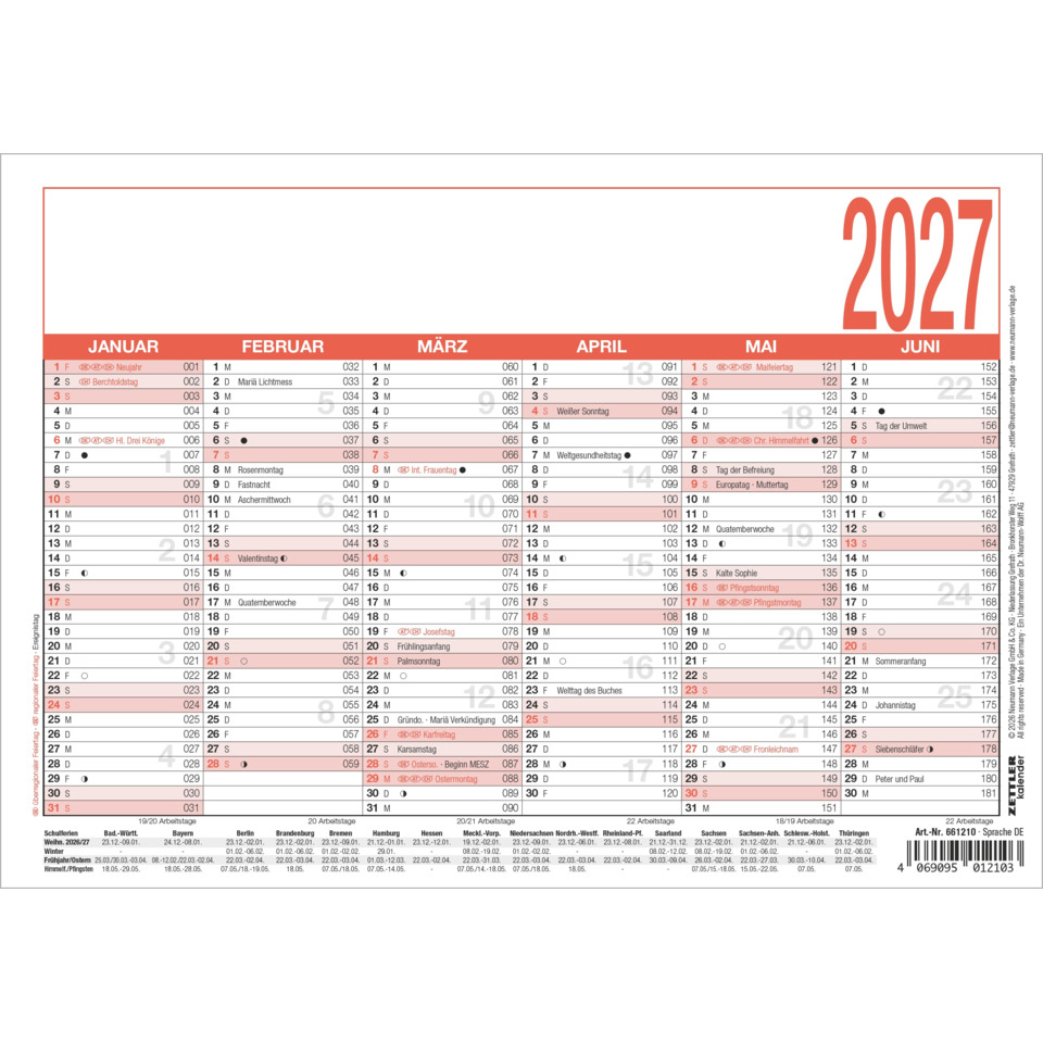 Jahreskalender, Kalender, Aufkleber, Juni, 2027