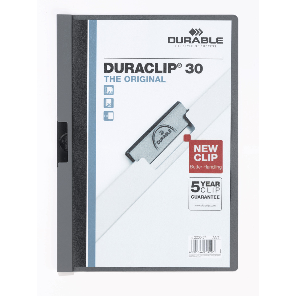 Klemm-Mappe DURACLIP® Original 30, Hartfolie, bis 30 Blatt, transparent/anthrazit DURABLE 2200 57