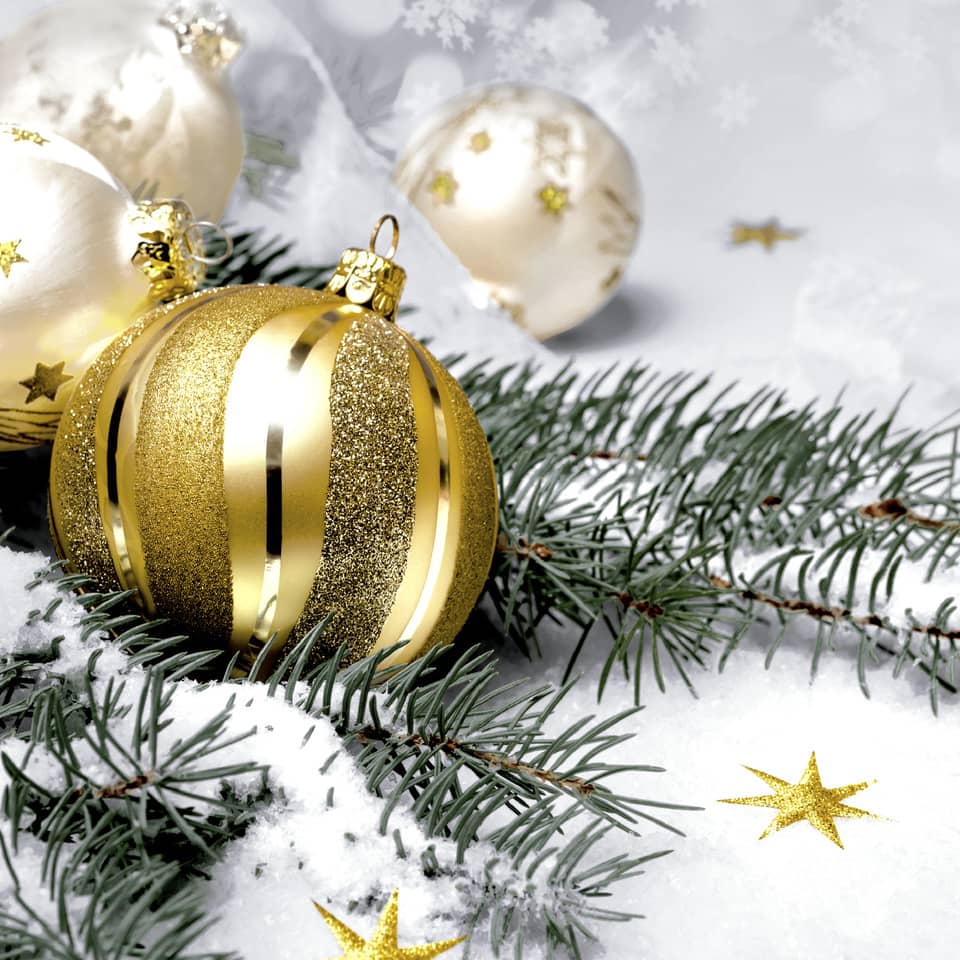 Weihnachtskugeln, Christbaumkugel, Gold, Glitzer, Tannenzweige