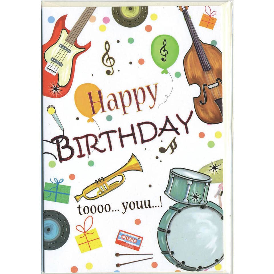 musikinstrumente, geburtstag, karte, drums, ballons