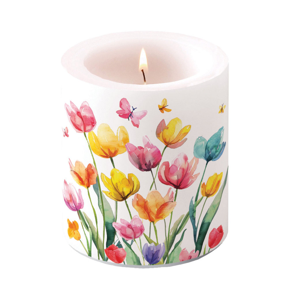 Kerze, Spring-Tulpen, Tulpenmuster, Bienenflug, Stumpenkerze