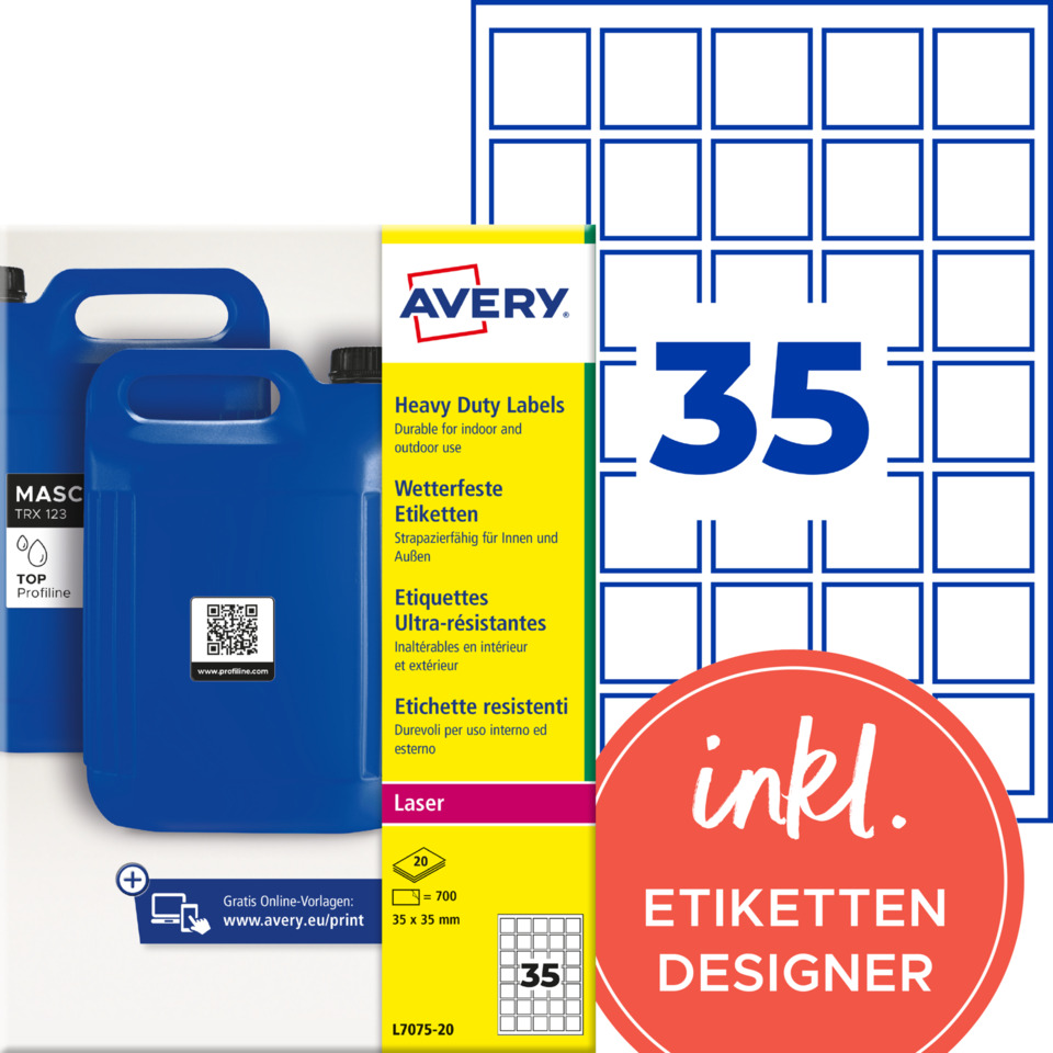 blue jerrycan, plastic container, label printer, laser label, box grid