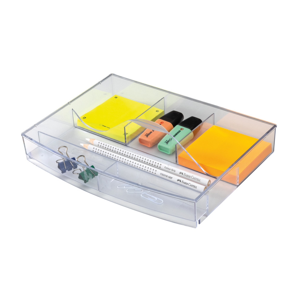 Schreibtisch Organizer, Transparentes Boxen-Set, Notizblöcke, Bleistifte, Haftnotizen