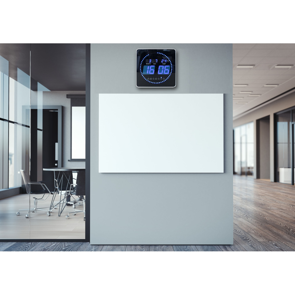 digital clock, office wall, whiteboard, conference room, wood floor