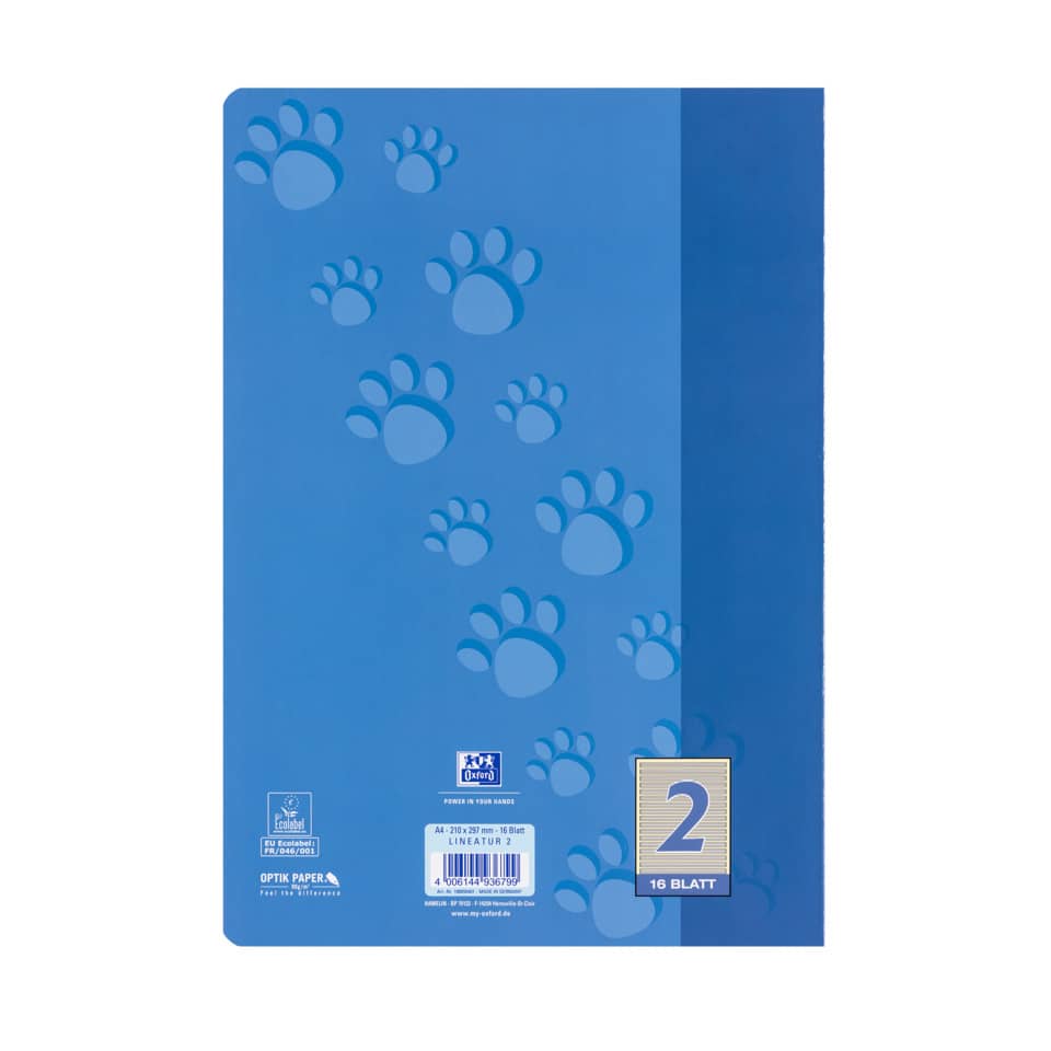 A4 Notizblock, blauer Einband, Pfotenabdruck Muster, linierte Seiten, 16 Blätter